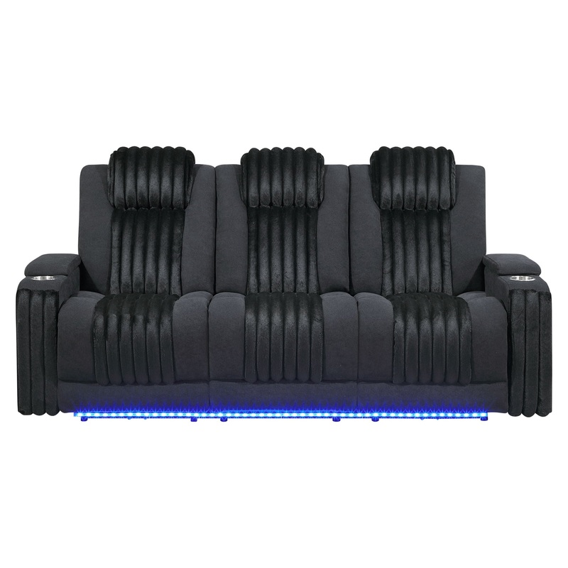 U8000 – Power Reclining Sofa With Power Headrest, Dropdown Table With Wood Trim & Reading Light & LED Light – Black