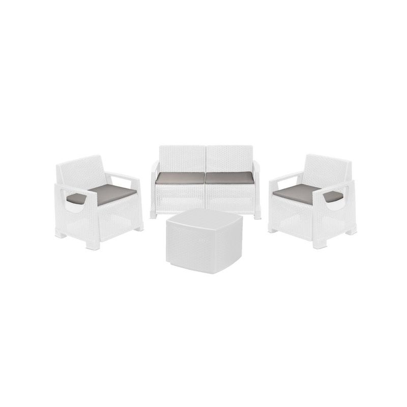 WHITE ARONA SET WITH CUSHIONS SOFA 2 ARMCHAIRS COFFEE TABLE CONTAINER