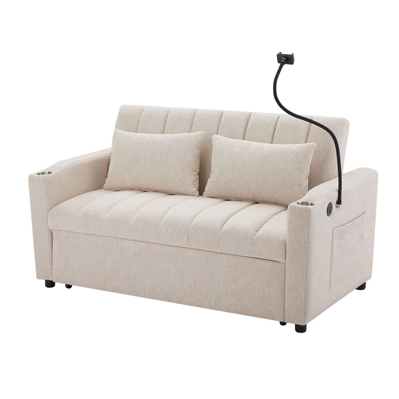 Convertible Sofa Bed Loveseat Sofa With Three USB Ports, Two Side Pockets, Two Cup Holders And 360 swivel Phone Holder For Living Room