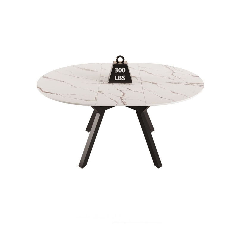 Modern Extendable White Circular Dining Table with MDF Top and Metal Legs for 4-6 Persons