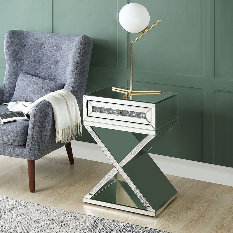 Noralie – Accent Table, X-Shaped Base – Mirrored & Faux Diamonds