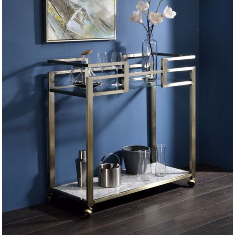 Neilo – Serving Cart – Clear Glass, Faux Marble Top & Wire Brass