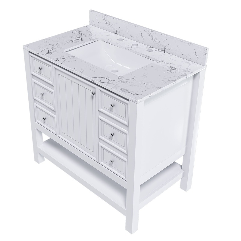 37 Bathroom Vanity With Artificial Marble Carrara Top, Multi Functional Cabinet With Doors And Drawer – White