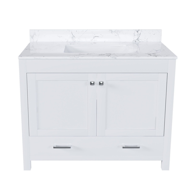 43 Bathroom Vanity With Artificial Marble Carrara Top Set, Multi Functional Cabinet With Doors And Drawer – White