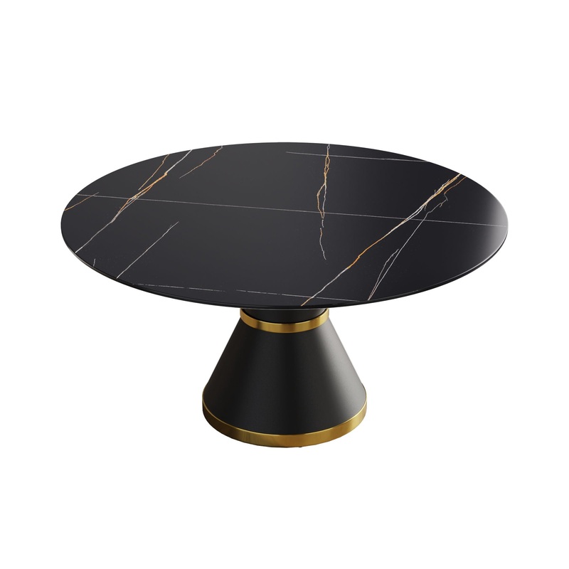 59.05 Modern Artificial Stone Round Black Carbon Steel Base Dining Table, Can Accommodate 6 People – Black