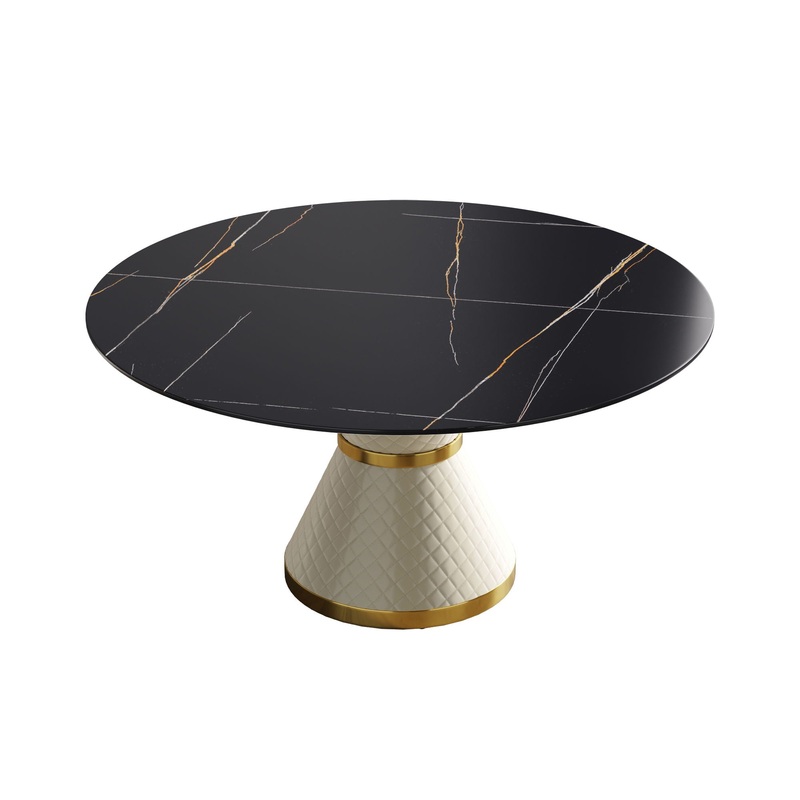 59.05 Modern Artificial Stone Round Carbon Steel Base Dining Table, Can Accommodate 6 People – Black / White