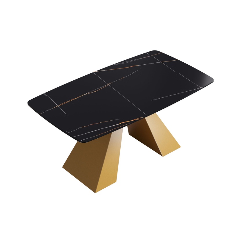 63 Artificial Stone Black Curved Golden Metal Leg Dining Table, 6 People – Black / Gold