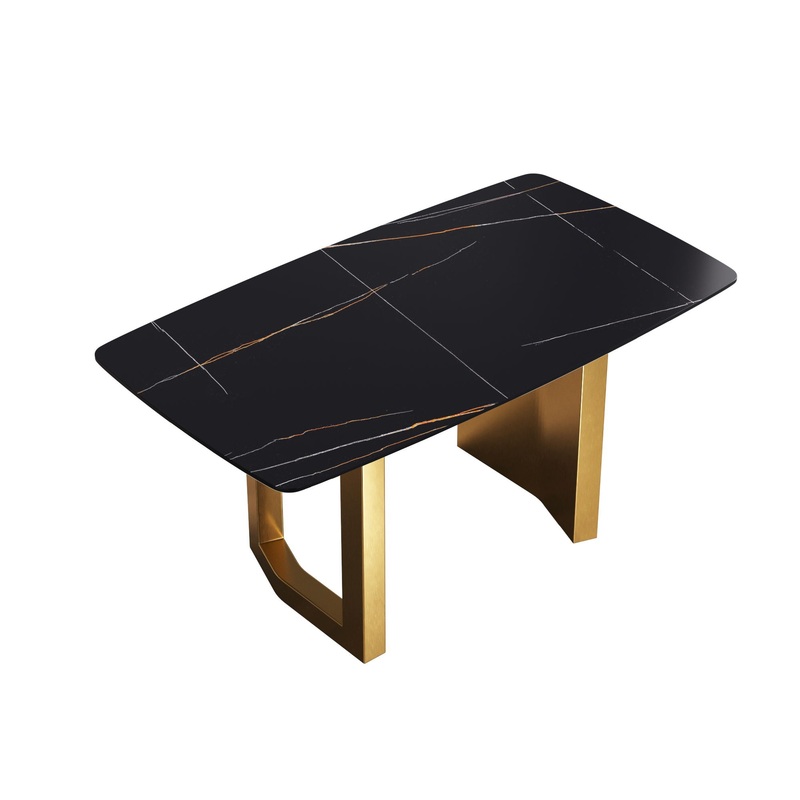 63 Artificial Stone Curved Golden Metal Leg Dining Table, 6 People – Black / Gold