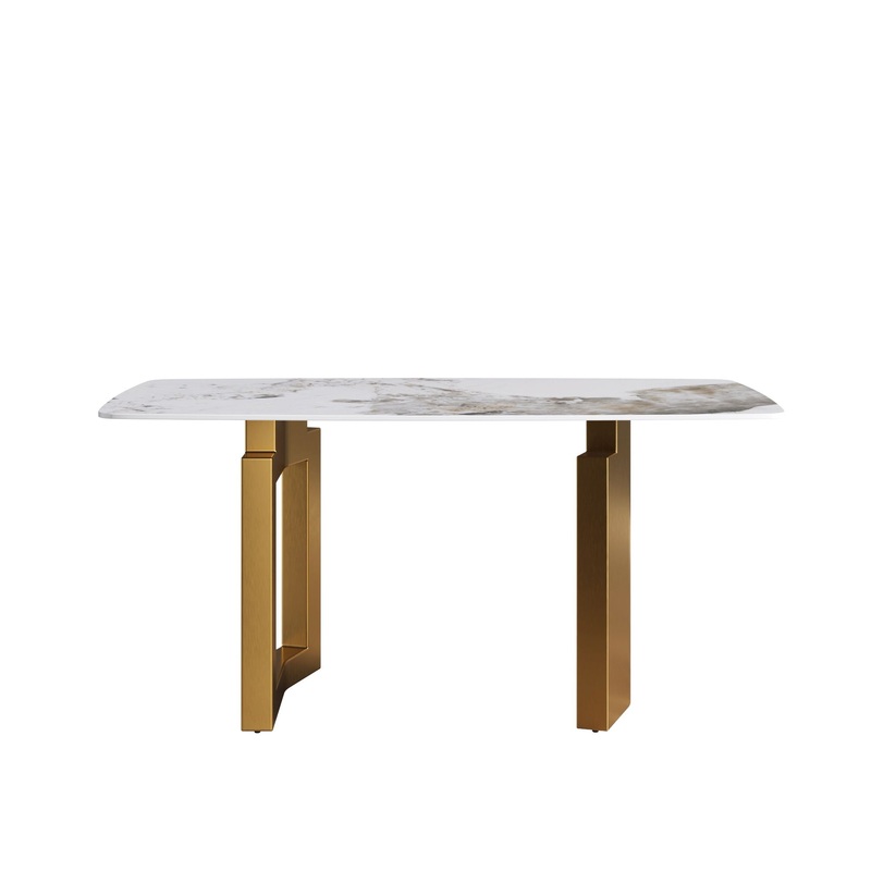 63 Artificial Stone Pandora White Curved Golden Metal Leg Dining Table, 6 People – Antique White / Gold
