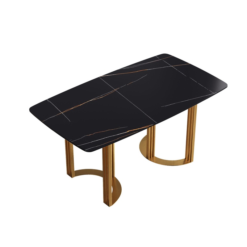 63 Modern Artificial Stone Curved Golden Metal Leg Dining Table, 6 People – Black / Gold