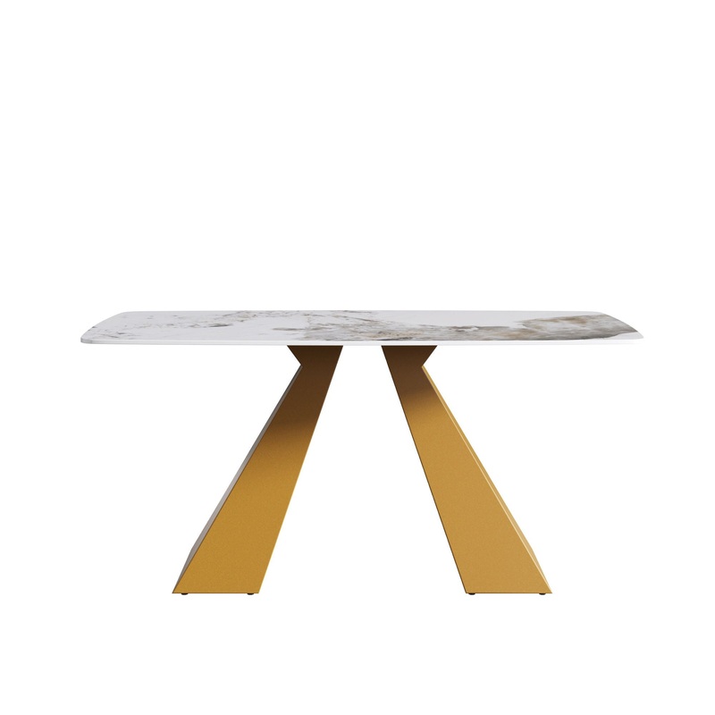 63 Modern Artificial Stone Pandora White Curved Metal Leg Dining Table, 6 People – Antique White / Gold