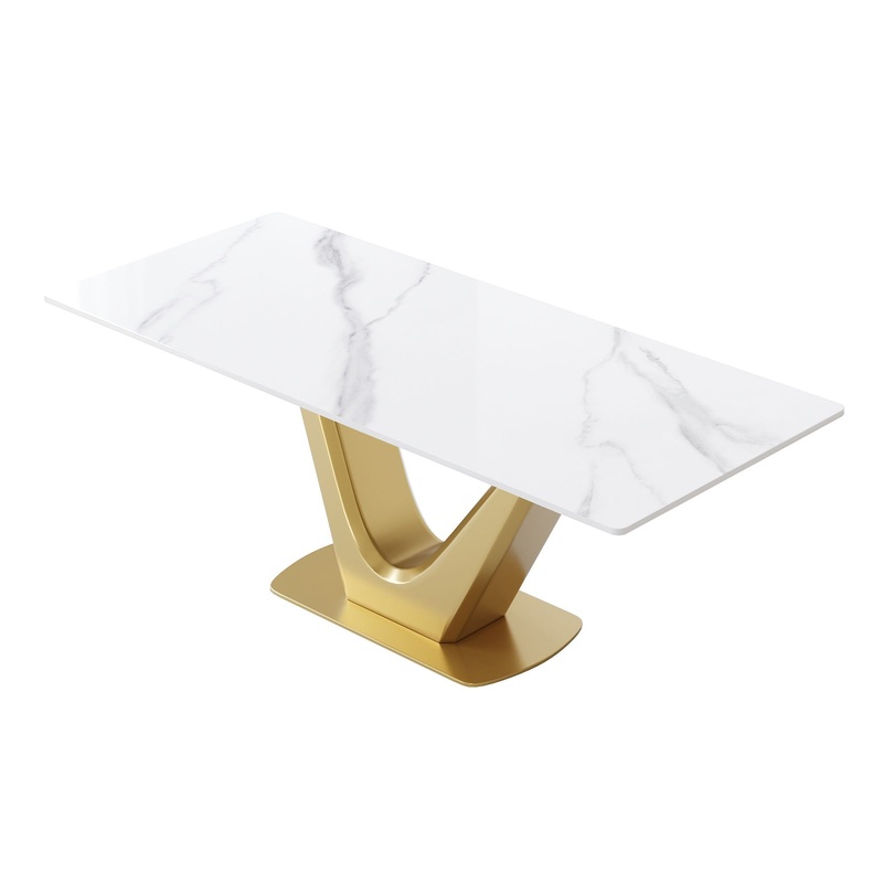 70.84 Modern Artificial Stone Panel V-Shaped Metal Legs, Can Accommodate 6-8 People – White / Gold