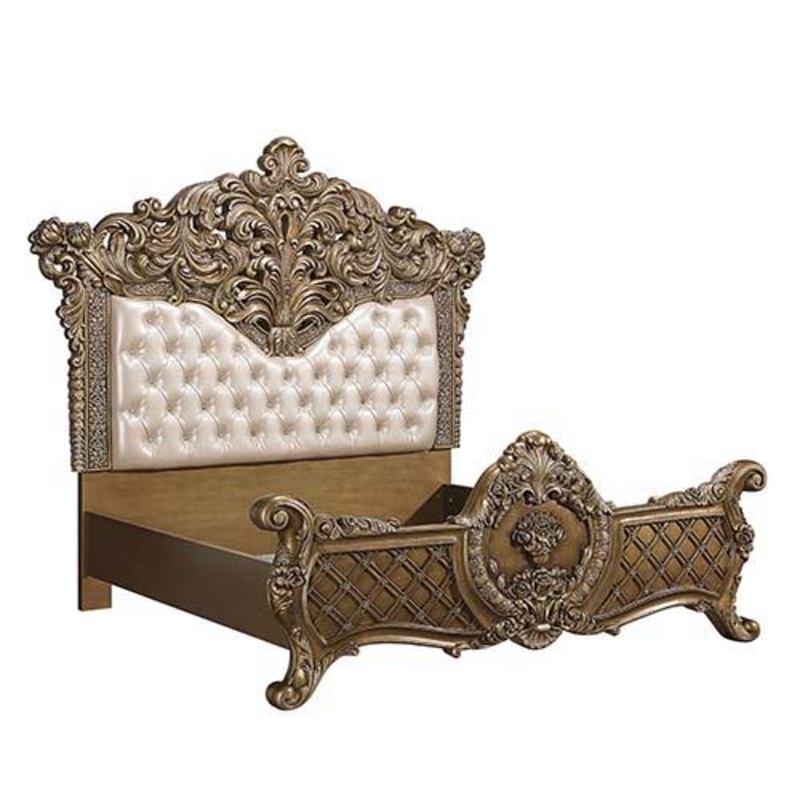 Constantine – Eastern King Bed – Synthetic Leather , Light Gold, Brown & Gold