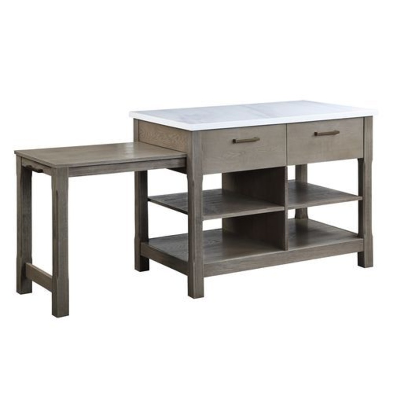 Feivel – Kitchen Island With Pull Out Table – Marble Top & Rustic Oak