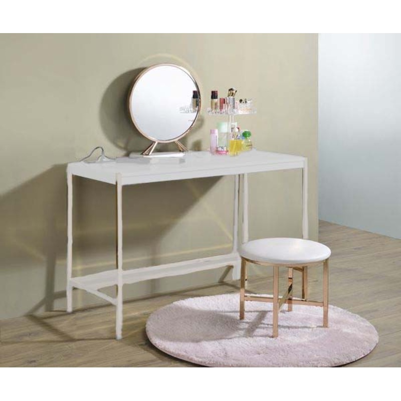 Midriaks – Mirror & Stool – Synthetic Leather , White & Gold