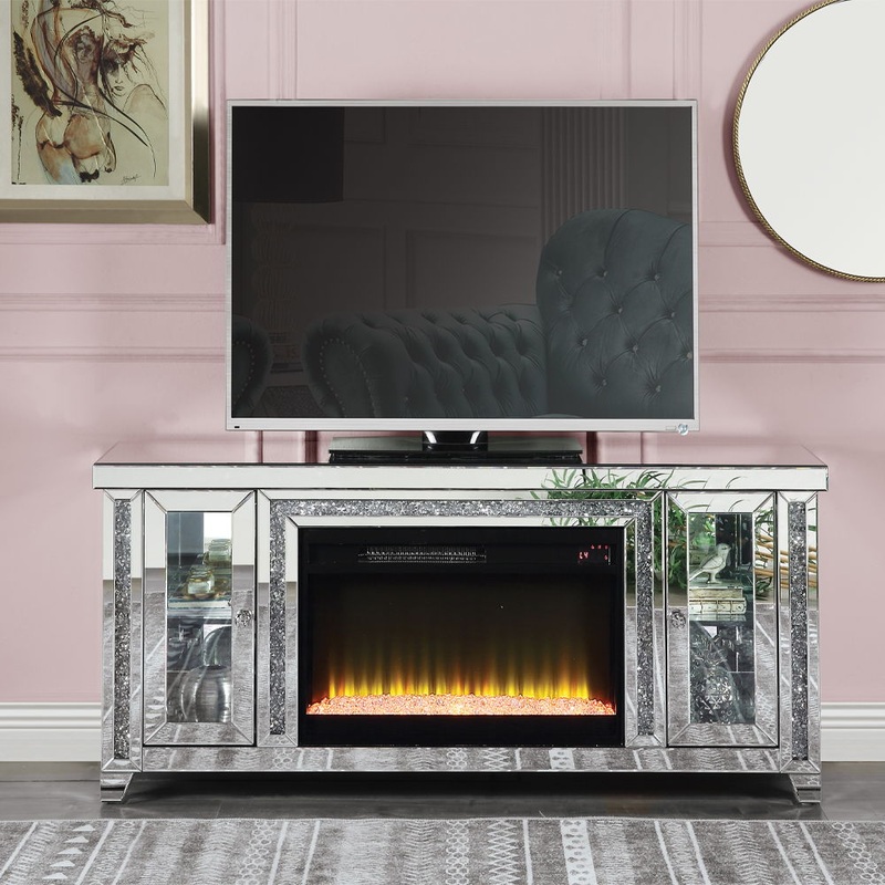 Noralie – TV Stand With Fireplace & LED – Mirrored & Faux Diamonds