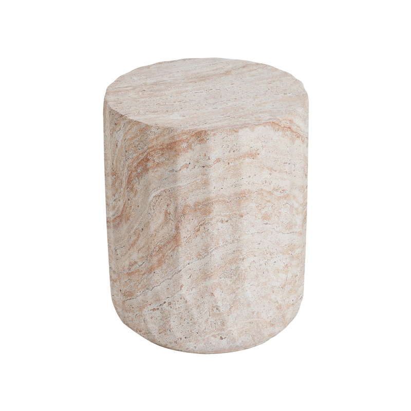 Outdoor / Indoor Lightweight Concrete Side Table, Cylinder Travertine Finish Accent Table – Beige