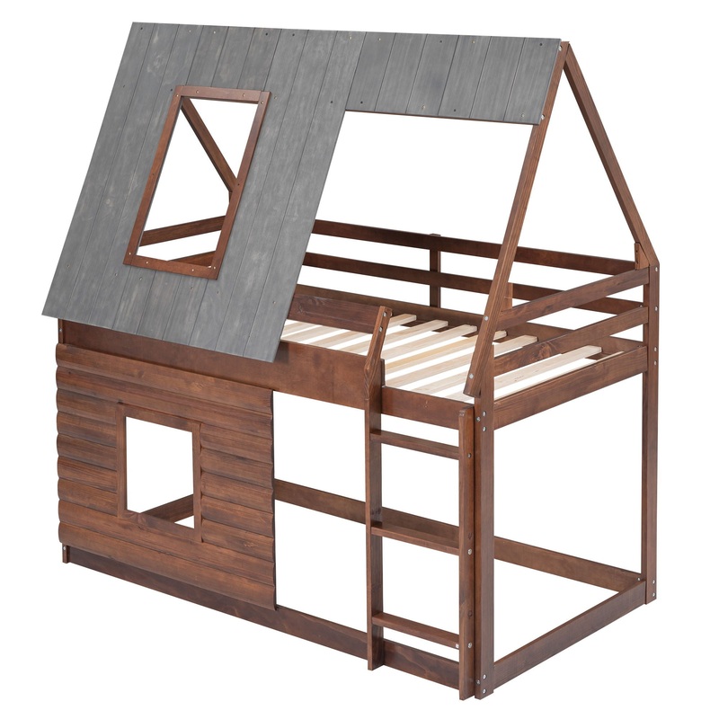 Wood Twin Size House Bunk Bed With Roof, Ladder And 2 Windows – Oak & Smoky Gray