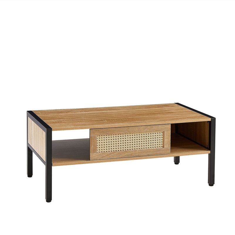 40.16 Rattan Coffee Table, Sliding Door For Storage, Metal Legs, Modern Table For Living Room