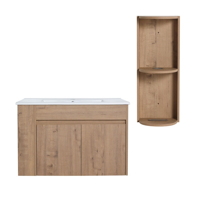 Modern Wall Mounted Bathroom Vanity With Sink And Storage Rack Soft Close Doors Plywood – Imitative Oak