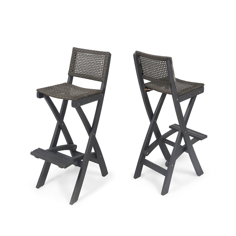 Outdoor Folding Acacia Wood Barstools With Rattan Backrest And Seat
