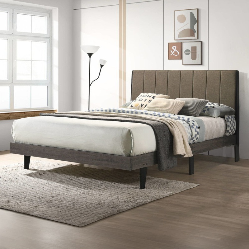 Valdemar – Queen Bed – Brown Fabric & Weathered Gray
