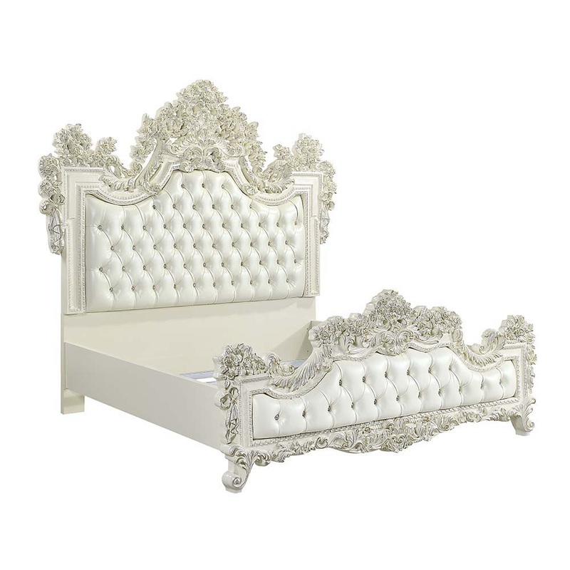 Adara – Eastern King Bed – Pearl White Synthetic Leather & Antique White