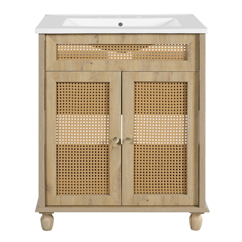 Bathroom Vanity With Handwoven Rattan Doors, Resin Basin – Natural Wood