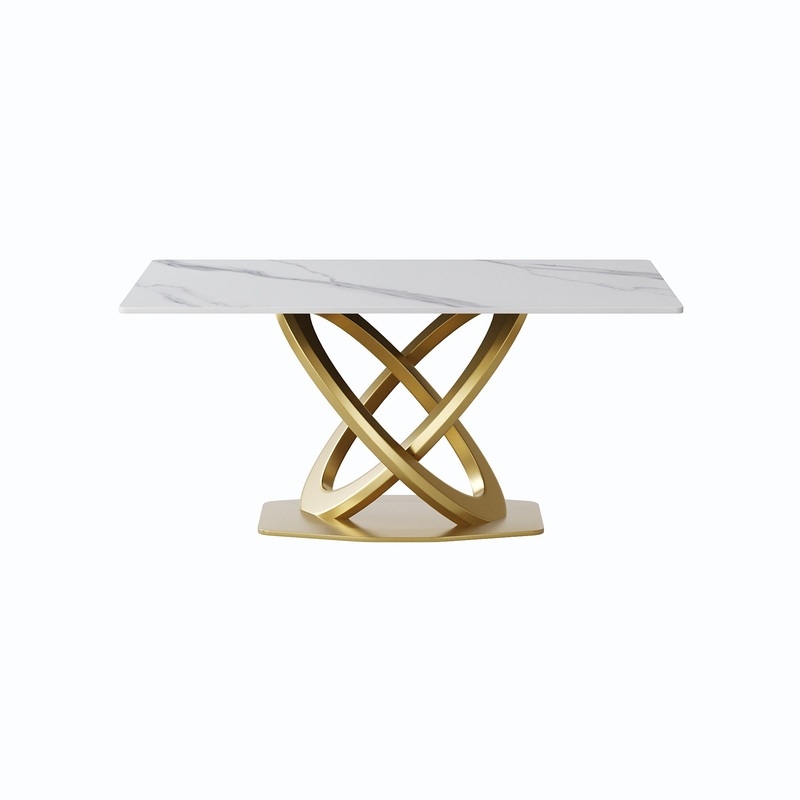63 Modern Artificial Stone Panel Double-Ring Stainless Steel Metal Legs, Can Accommodate 6-8 People – White / Gold