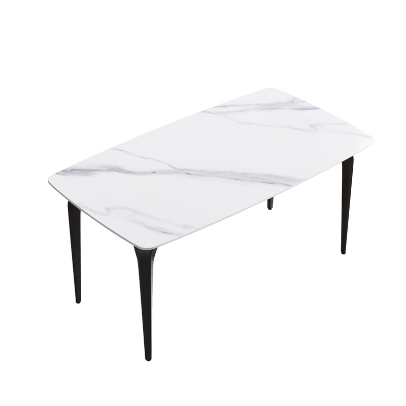 63 Modern Artificial Stone White Curved Black Metal Leg Dining Table, 6 People – White