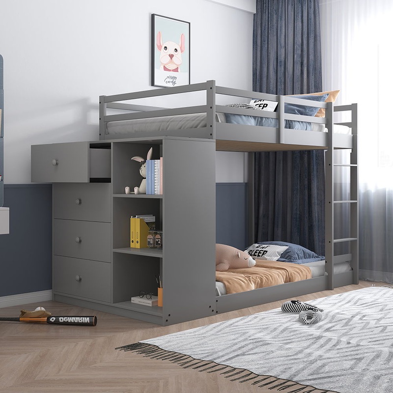 Gaston – Twin Over Twin Bunk Bed With 4 Drawers & 3 Compartments – Gray