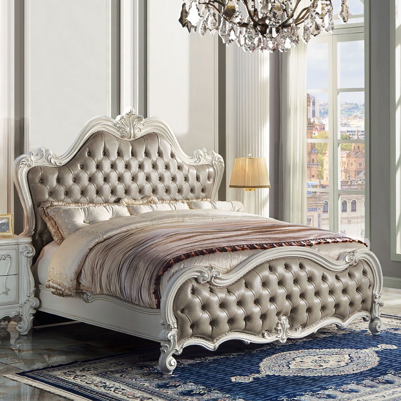 Versailles II – Queen Bed – Vintage Gray Synthetic Leather & Bone White