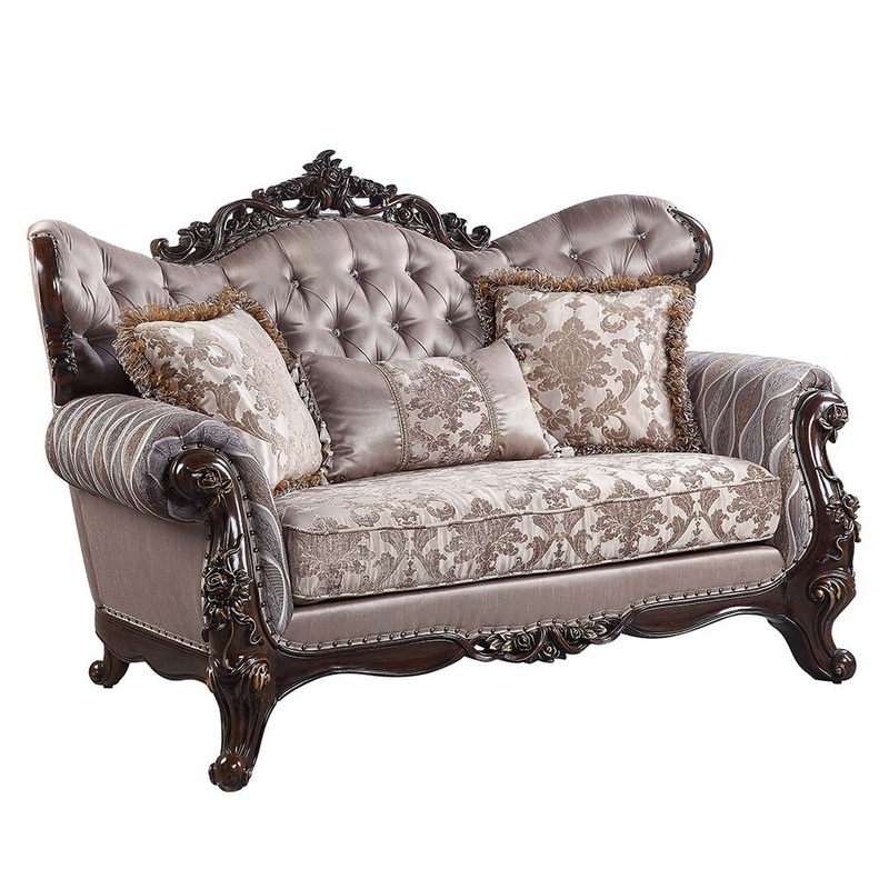 Benbek – Loveseat With 3 Pillows – Fabric & Antique Oak