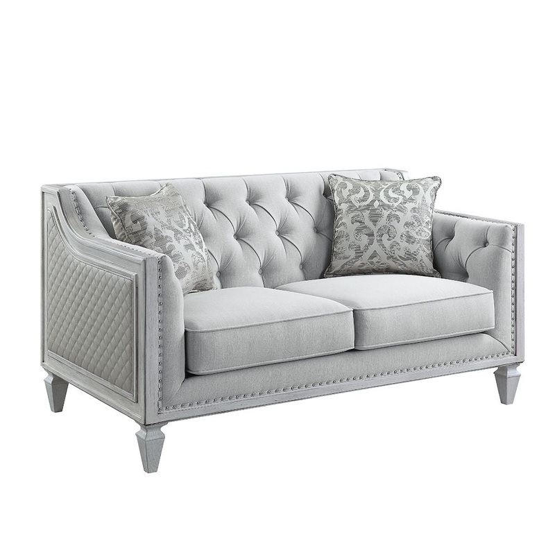 Katia – Loveseat With 2 Pillows – Light Gray Linen & Weathered White