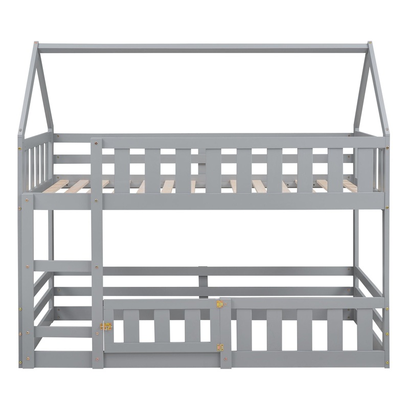 Twin Over Twin House Bunk Bed With Fence And Door