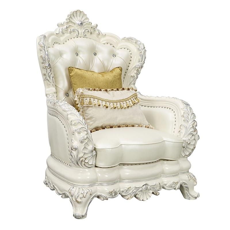 Adara – Chair With 2 Pillows – Pearl White Synthetic Leather & Antique White