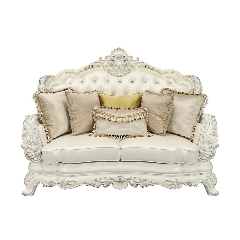 Adara – Loveseat With 5 Pillows – Pearl White Synthetic Leather & Antique White
