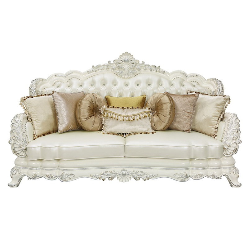 Adara – Sofa With 7 Pillows – Pearl White Synthetic Leather & Antique White