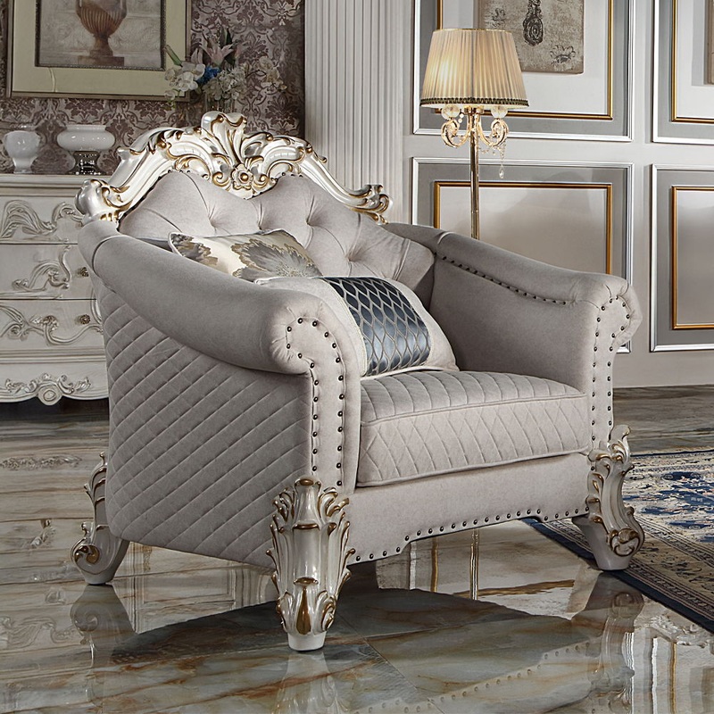 Vendome II – Chair With 2 Pillows – Two Tone Ivory Fabric & Antique Pearl