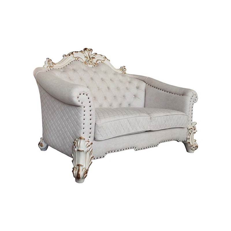Vendome II – Loveseat With 4 Pillows – Two Tone Ivory Fabric & Antique Pearl