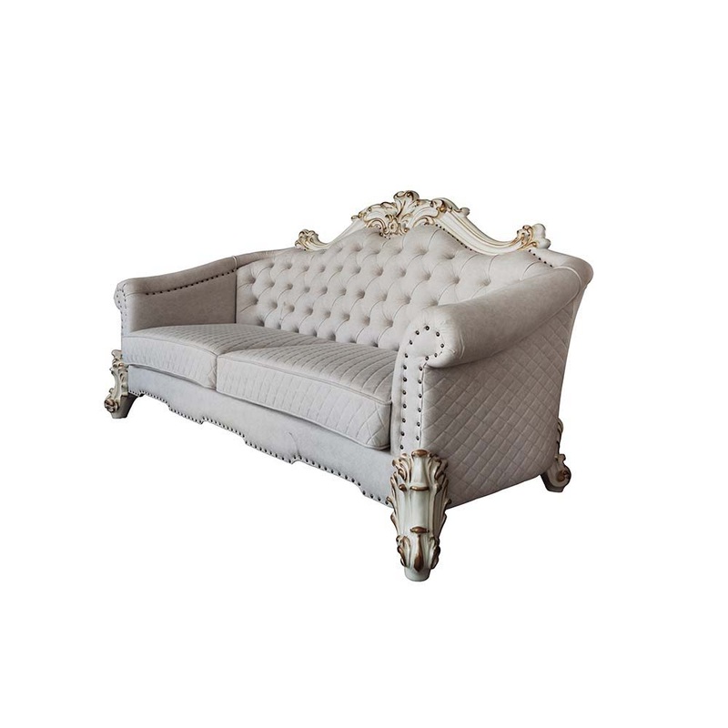 Vendome II – Sofa With 6 Pillows – Two Tone Ivory Fabric & Antique Pearl