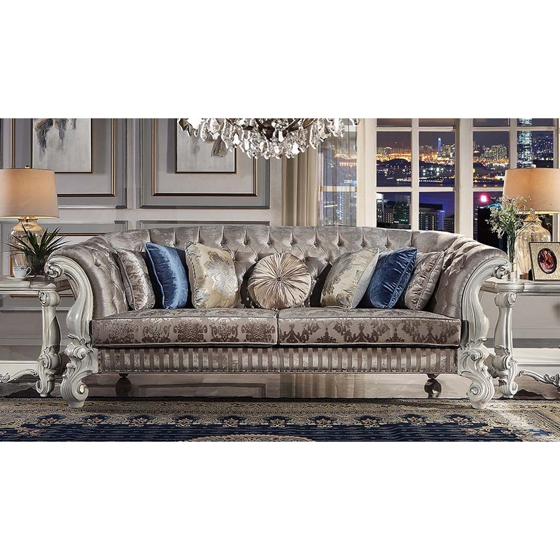 Versailles – Sofa With 7 Pillows – Ivory Fabric & Bone White