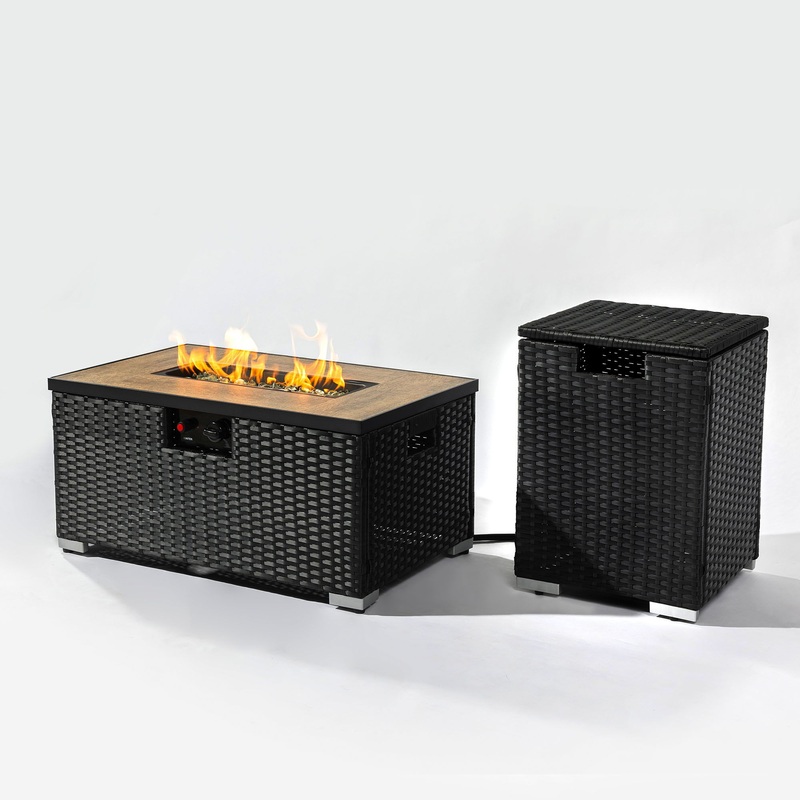 32 Propane Gas Fire Pit Table With Propane Tank Cover, 50000 Btu Rectangular Steel Fire Pit With Beautiful Wicker Base