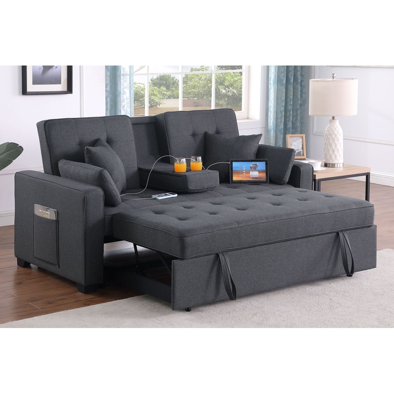 Cody II – Convertible Sleeper Loveseat With Cup Holder, Charging Ports and Pocket – Dark Gray