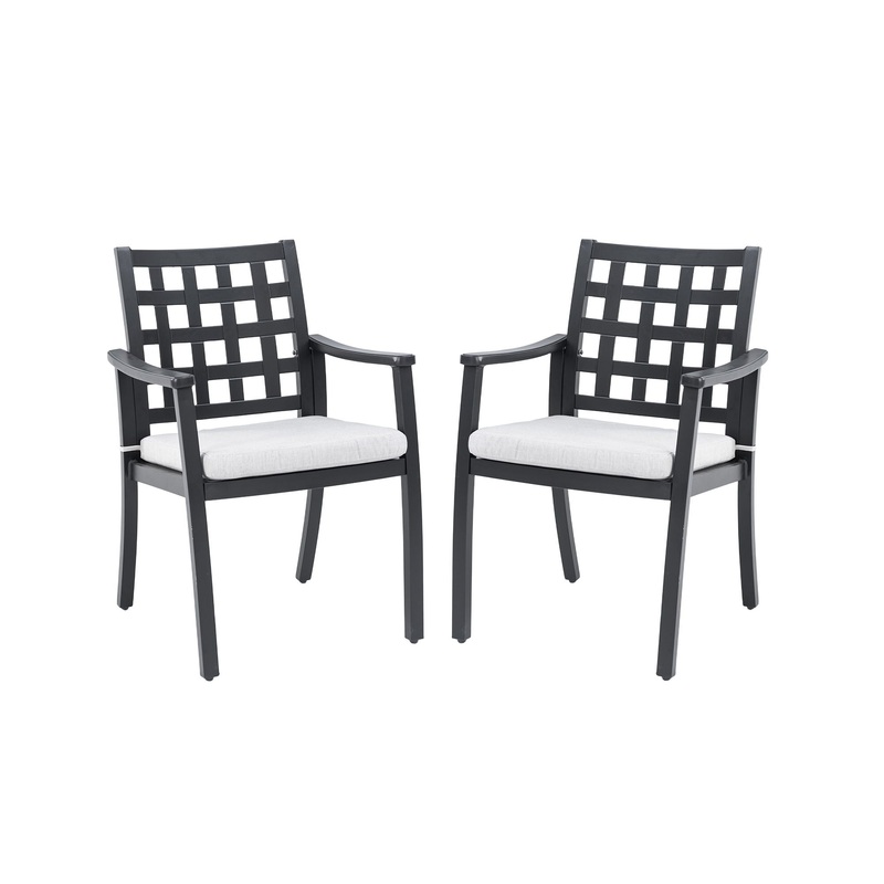 Modern Classic Cast Outdoor Patio Dining Chairs, Ergonomic Lattice Backrest Design, Sunbrella Cushion, Weather Resistant And Durable (Set of 2) – Ember Black