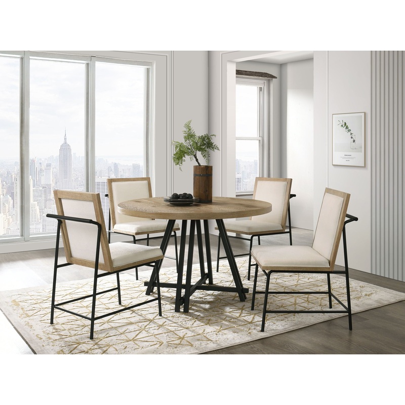 Tate – Round Dining Table With Cream Color Upholstered Chairs (Set of 5) – Oak Finish