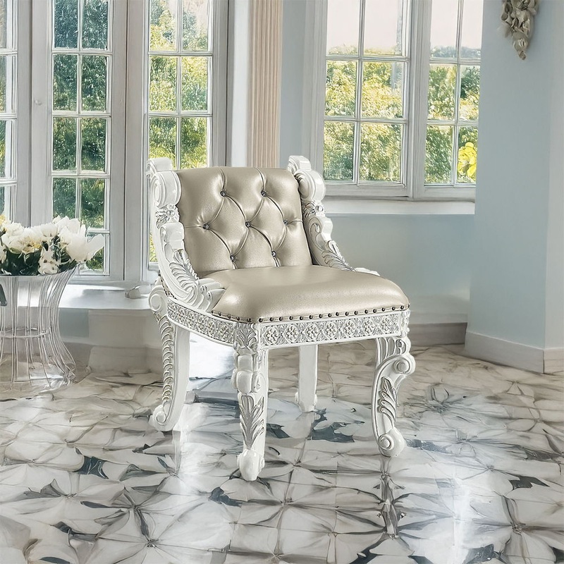 Vanaheim – Vanity Stool – Beige Synthetic Leather & Antique White