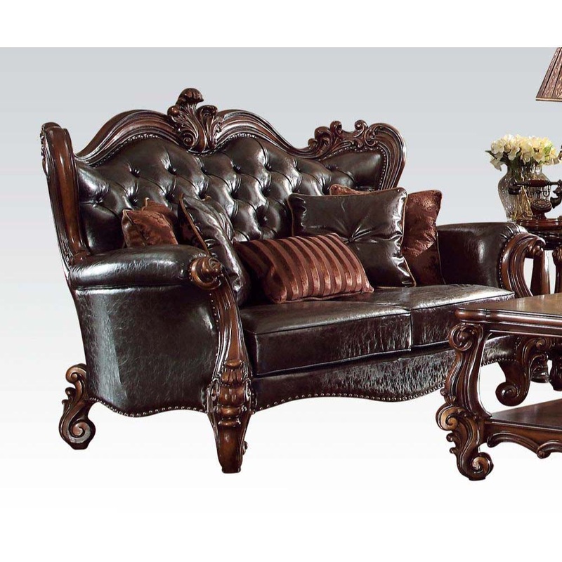 Versailles – Loveseat With 5 Pillows – Two Tone Dark Brown Synthetic Leather & Cherry Oak