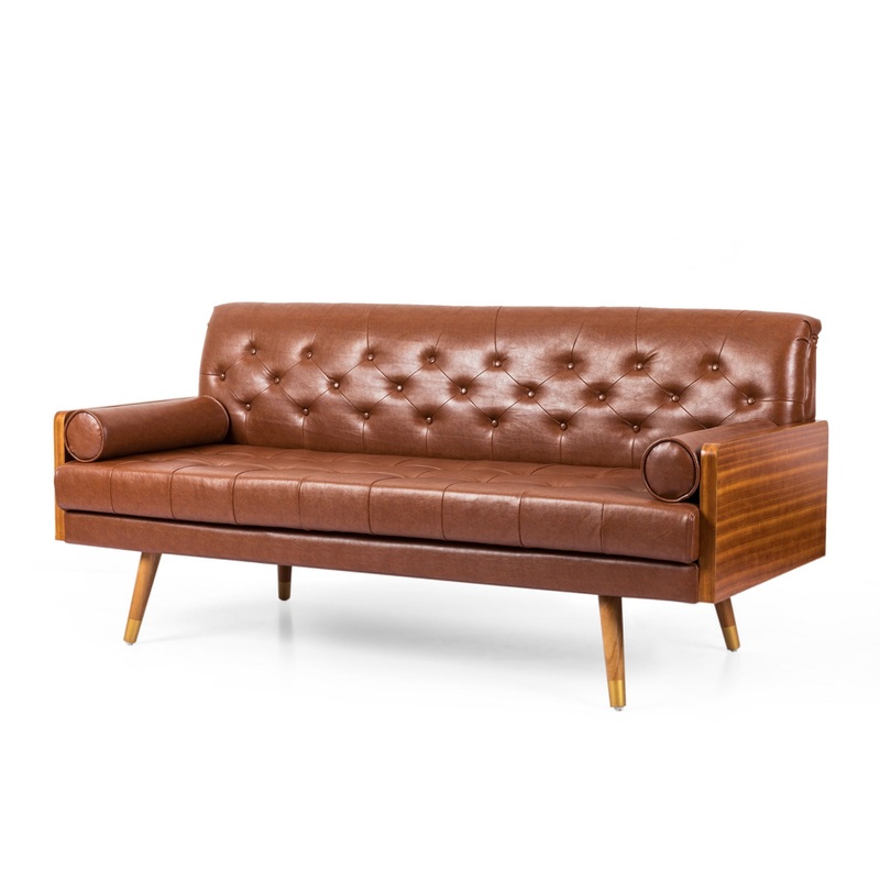 Adelaide – Mid Century Modern Tufted Sofa With Rolled Accent Pillows – Light Brown