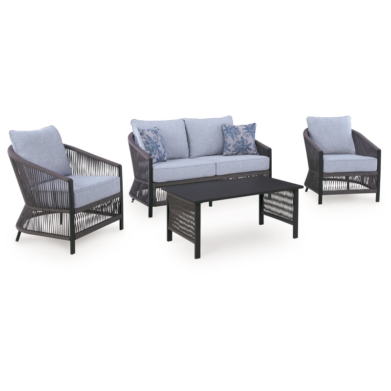 Bridges Beach – Loveseat, Lounge Chairs, Table Set (Set of 4) – Gray